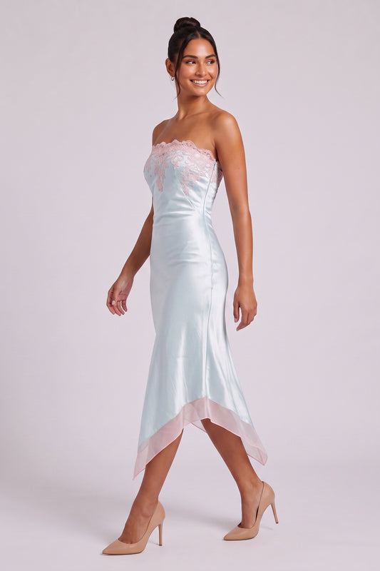 Pale Blue Satin Sheath Dress with Pink Lace Trim pale blue satin dress - product view 3