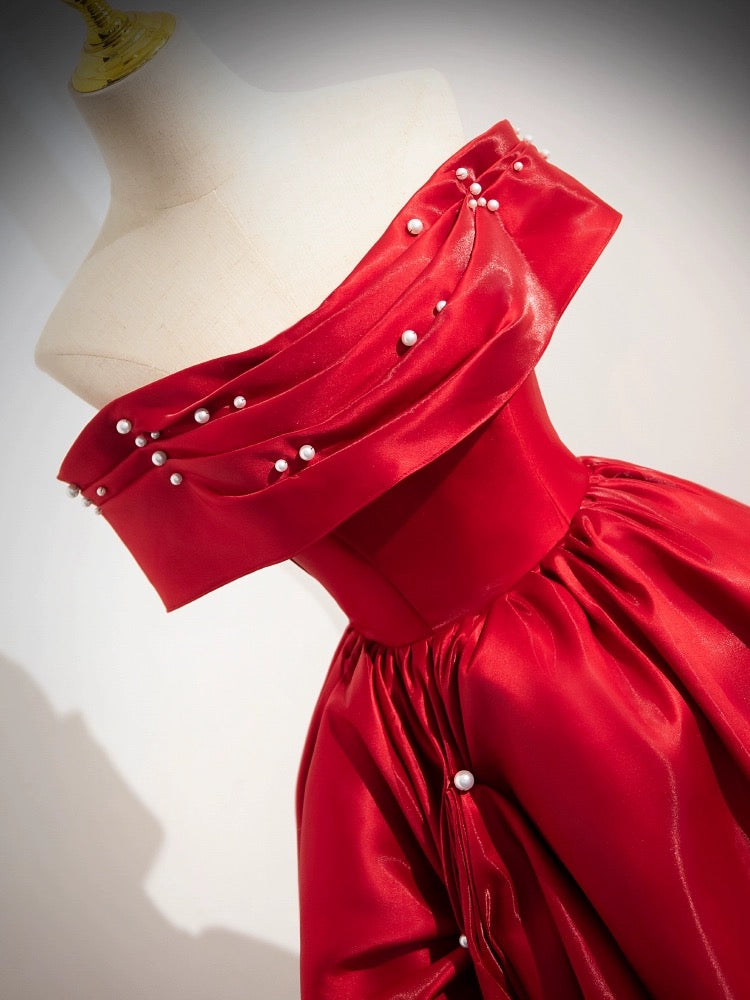 A-Line Off Shoulder Satin Red Dress