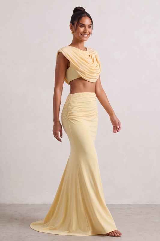 Draped Cowl Neck Two-Piece Set in Pale Yellow Premium Fabric - product view 1