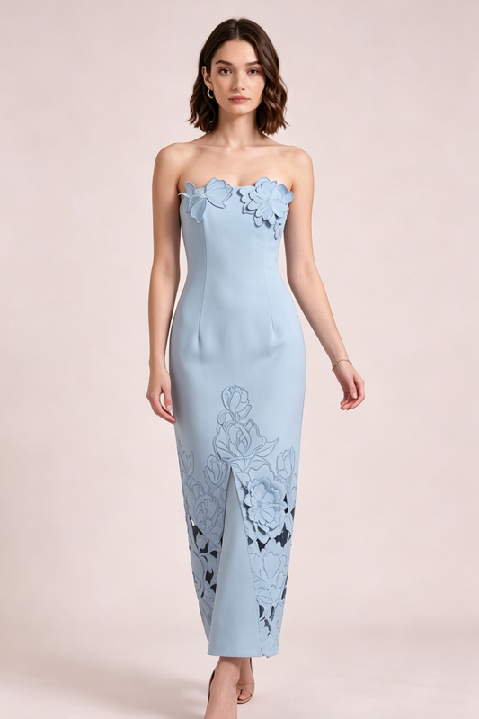 light blue structured crepe column dress
