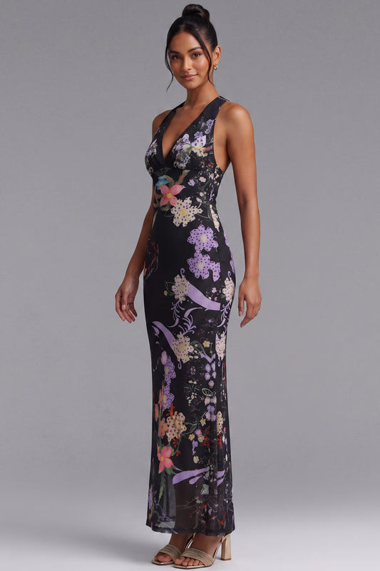 Black Sheer Mesh Fitted Column Maxi Dress with Engineered Floral Print black sheer mesh dress - product view 2