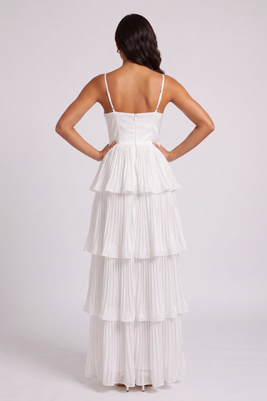 Rhinestone Bustier Tiered Pleated Tulle Maxi Dress