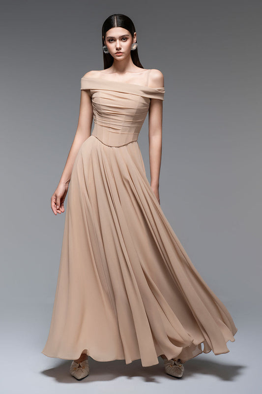 A-line Draped Chiffon maxi Dress in nude