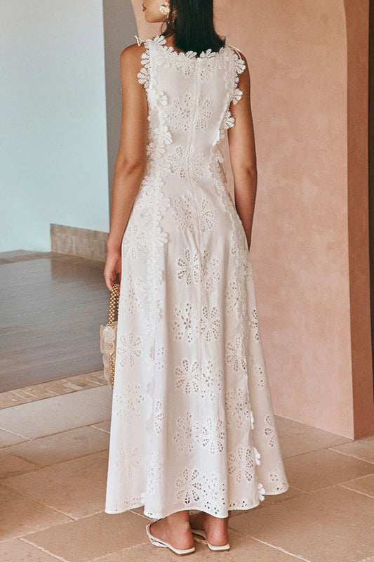 lace trim embroidery hollow midi dress in white