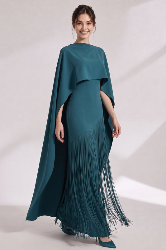 Teal Matte Crepe Column Evening Gown with Asymmetrical Cape Overlay teal matte crepe evening gown - product view 1