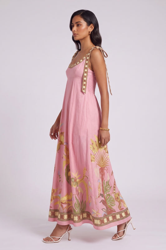 Tie Strap Tropical Print Maxi Dress