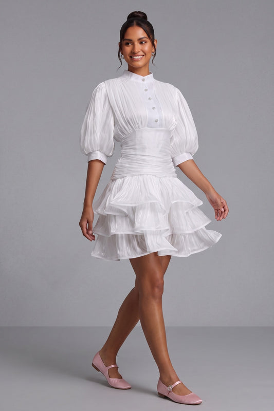 White Tiered Ruffle Mini Dress Premium Fabric - product view 2