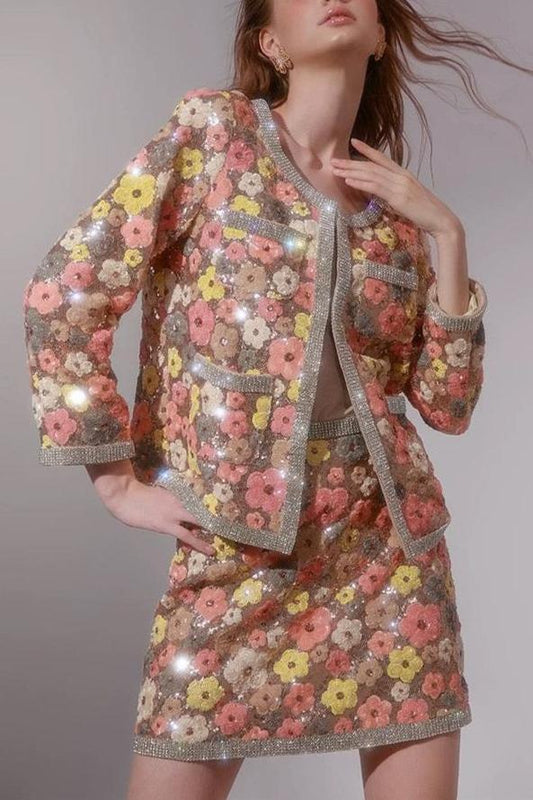 flower Diamond Top Short Skirt in pink