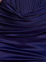 Deep Blue Strapless Evening Gown with Rhinestone Bodice and Cape Detail