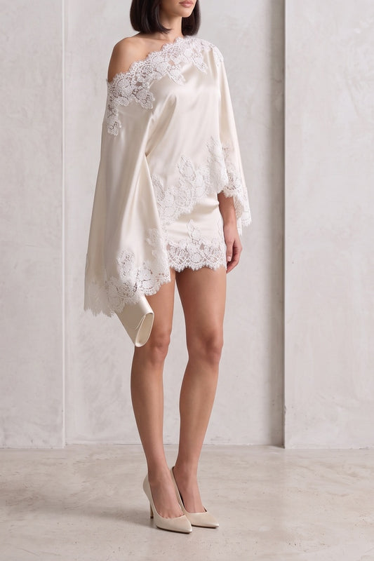 Off Shoulder Contrast Lace Satin Top & Short Co-ord Set