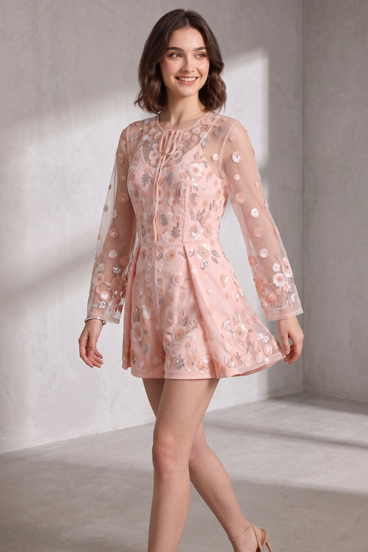 light pink sheer mesh tulle fitted bodice with structured, slightly flared shorts romper light pink sheer mesh tulle romper - product view 2