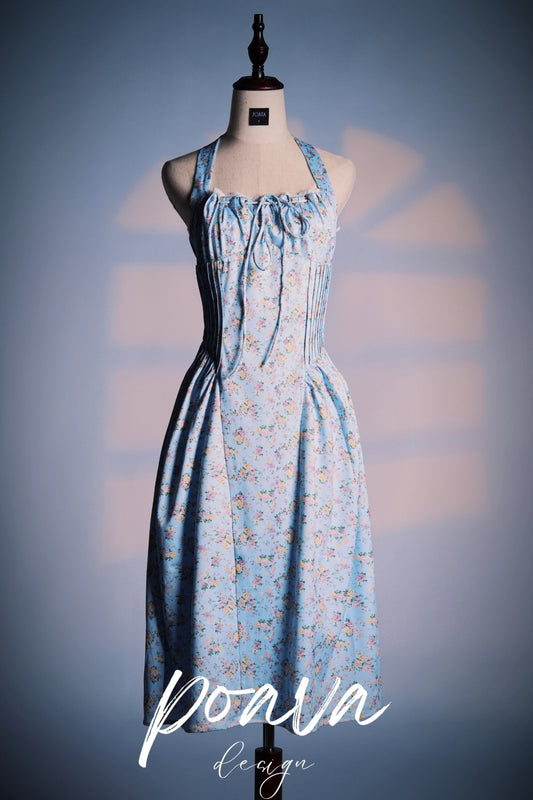 SOFT BLUE VINTAGE FLORAL PRINT COTTON HALTER SUNDRESS