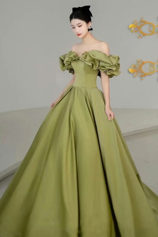 A-Line off Shoulder Satin Green Dress