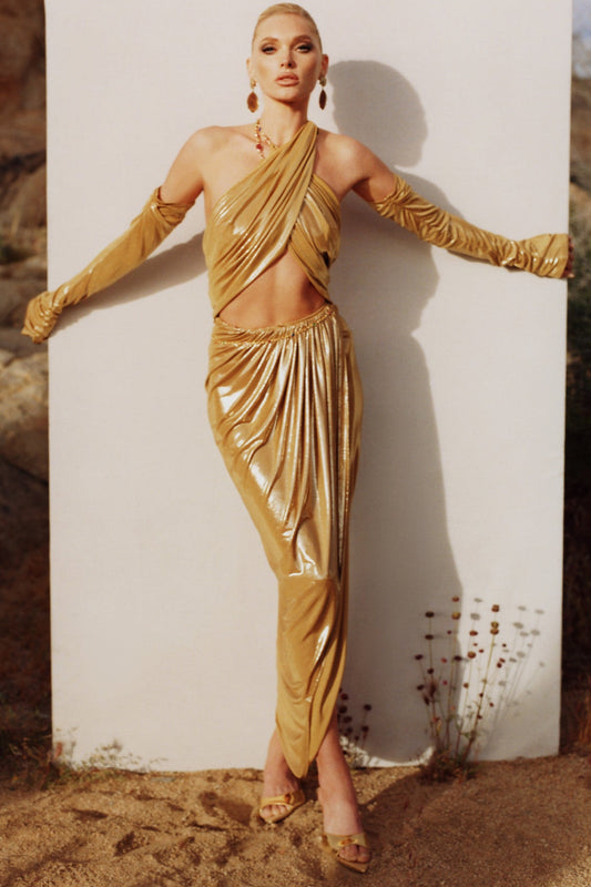Gold ruched leather midi dress