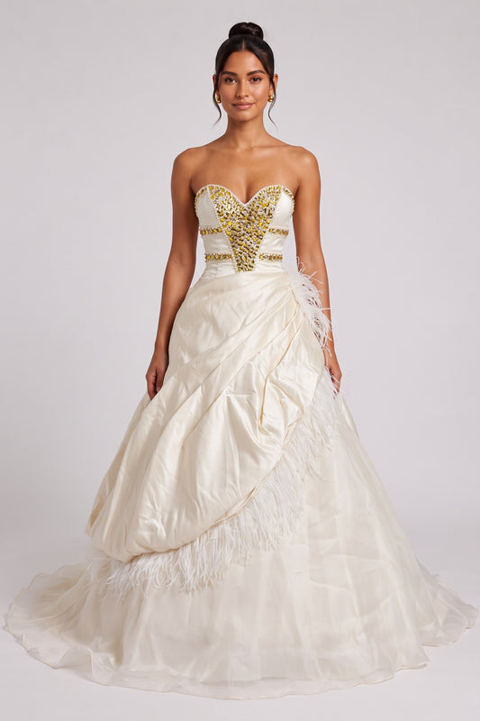 Cream Satin Ballgown Gown with Rhinestone Bodice and Feather Trim cream, ivory satin gown - product view 1