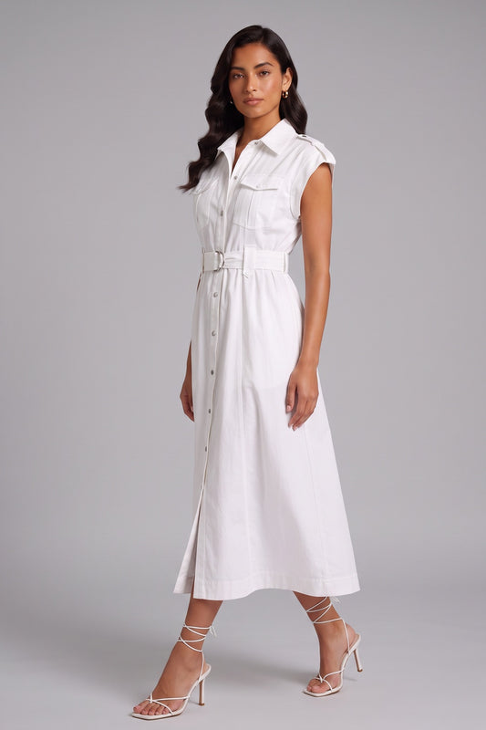 White Cap Sleeve Belted Cargo Pocket Front Split Midi Shirt Dress