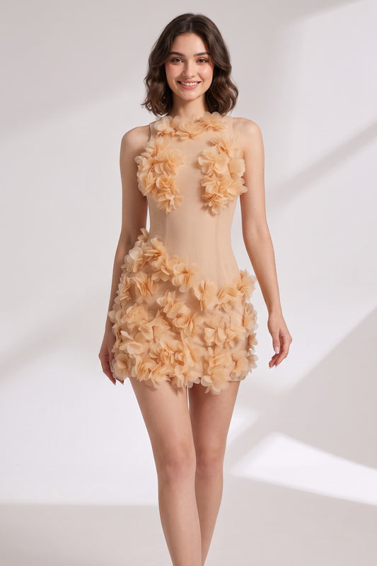 Beige Sheer Mesh Bodycon Mini Dress with 3D Floral Petals beige, peach sheer mesh mini dress - product view 1