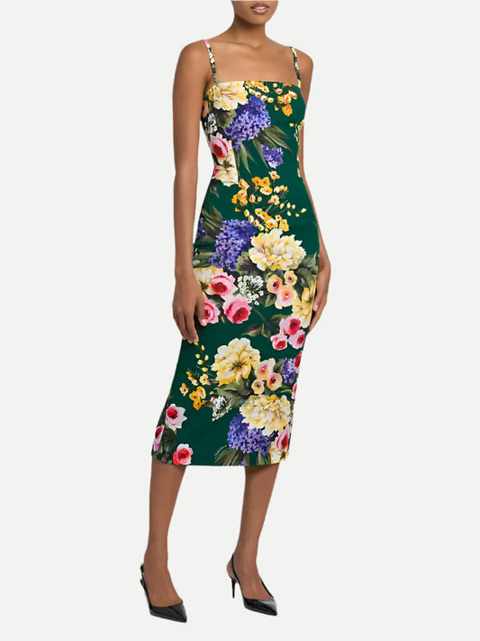 floral print sheath midi dress in green