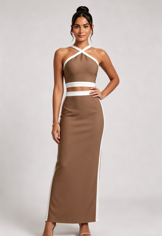 Brown Structured Knit Two-Piece Set with Criss-Cross Halter Crop Top and Maxi Skirt