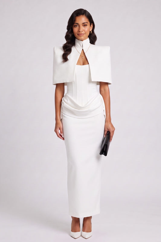 white heavy structured crepe column with architectural shoulders two-piece gown ensemble white heavy structured crepe two-piece gown ensemble - product view 2