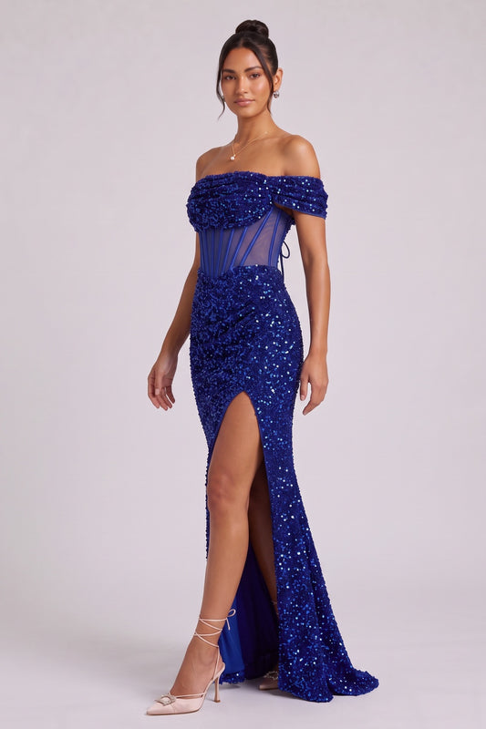 Royal Blue Sequin Off-The-Shoulder Floor-Length Gown with Corset Lace-Up Back Premium Fabric - product view 2