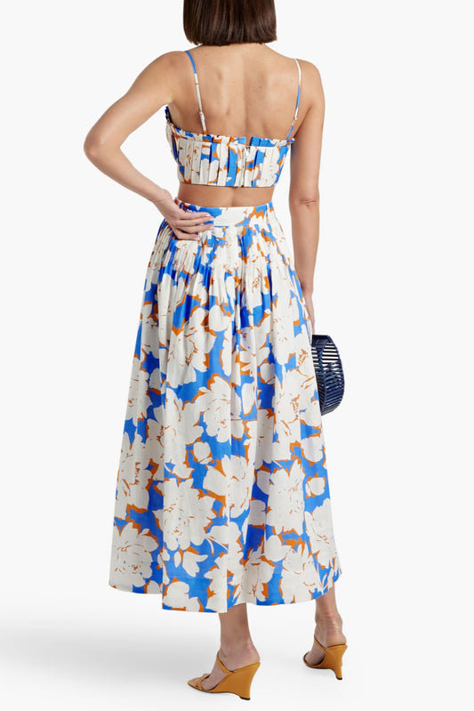 Pleated floral-print linen bustier top skirt set in blue