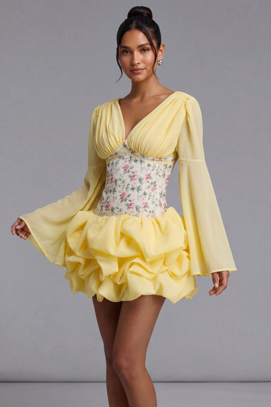 Pastel Yellow Chiffon Fit-and-Flare Mini Dress with Corset Bodice pastel yellow chiffon mini dress - product view 1