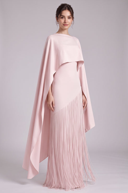 Pale Pink Heavy Matte Crepe Column with Asymmetrical Cape Overlay Evening Gown pale pink heavy matte crepe evening gown - product view 3