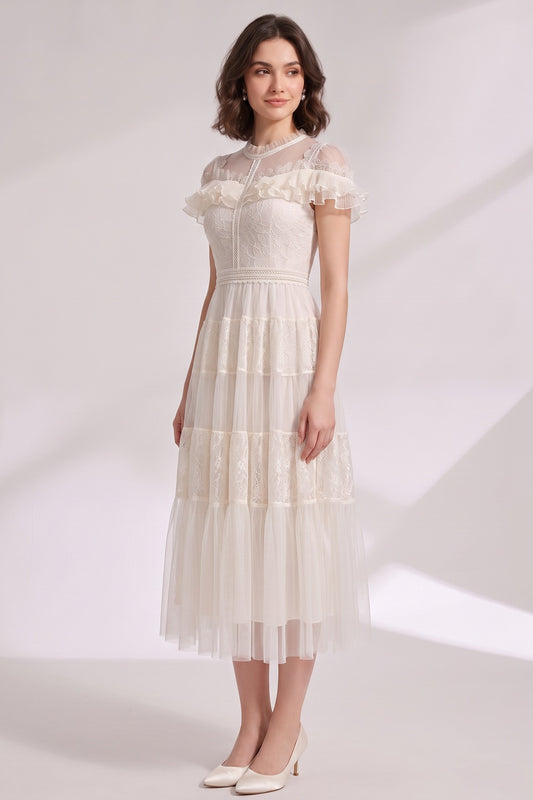 Ivory Floral lace and sheer tulle Fit-and-flare, tiered A-line Midi dress Ivory, Cream Floral lace and sheer tulle Midi dress - product view 2