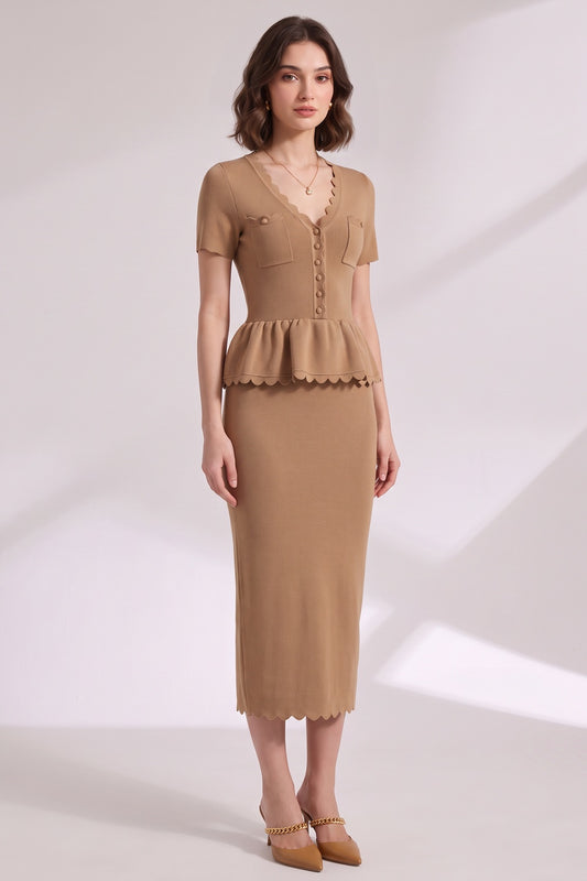 camel fine-gauge knit fitted hourglass with flared peplum two-piece knit set camel, tan fine-gauge knit two-piece knit set - product view 2