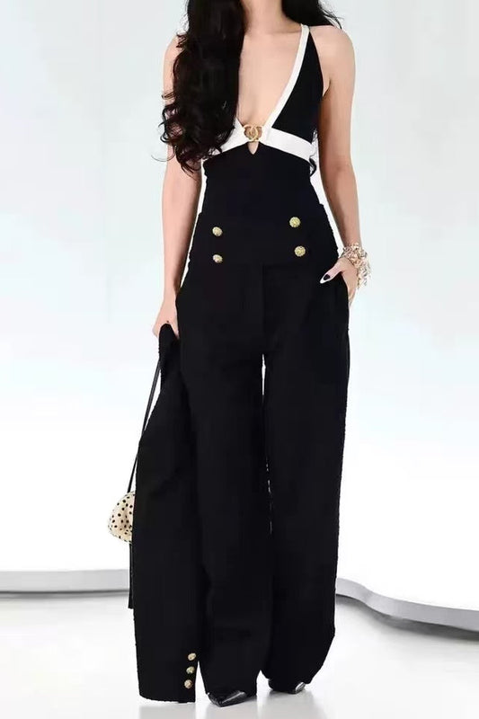 Black & White Halter Top with High-Waisted Wide-Leg Pants