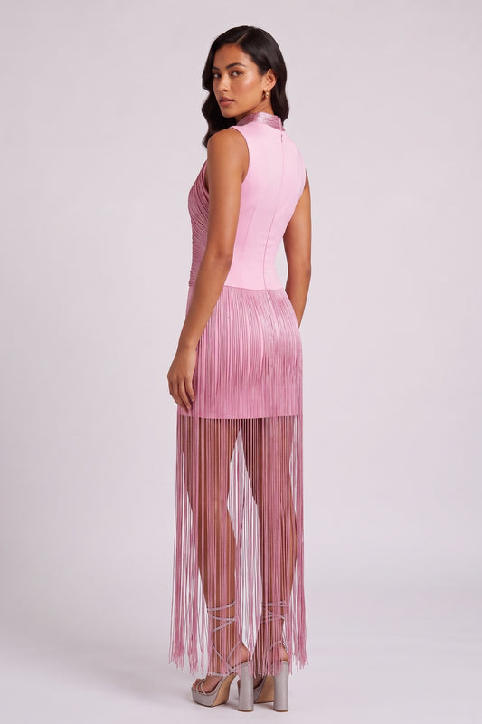 Metallic Twist High Neck Fringe Midi Dress