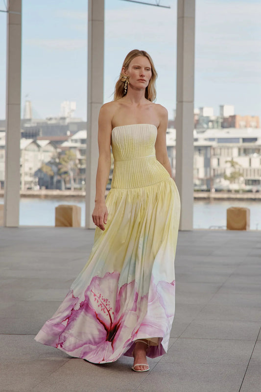 laurel Printed tube top maxi dress in gradient yellow