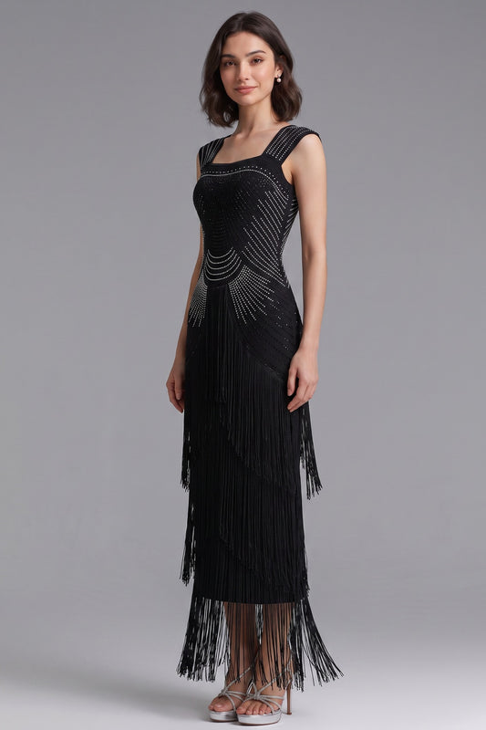 Black Art Deco Beaded Sheath Dress with Tiered Fringe black stretch knit dress - product view 2