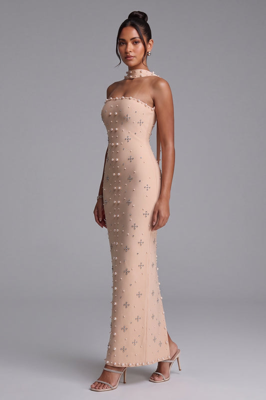 Beige Pearl Embellished Halter Maxi Dress Premium Fabric - product view 1