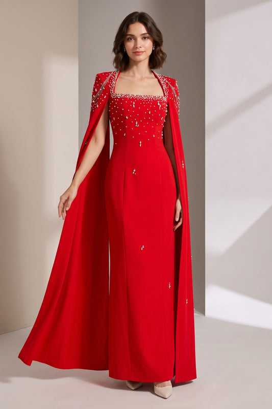 red heavy crepe column evening gown red heavy crepe evening gown - product view 1