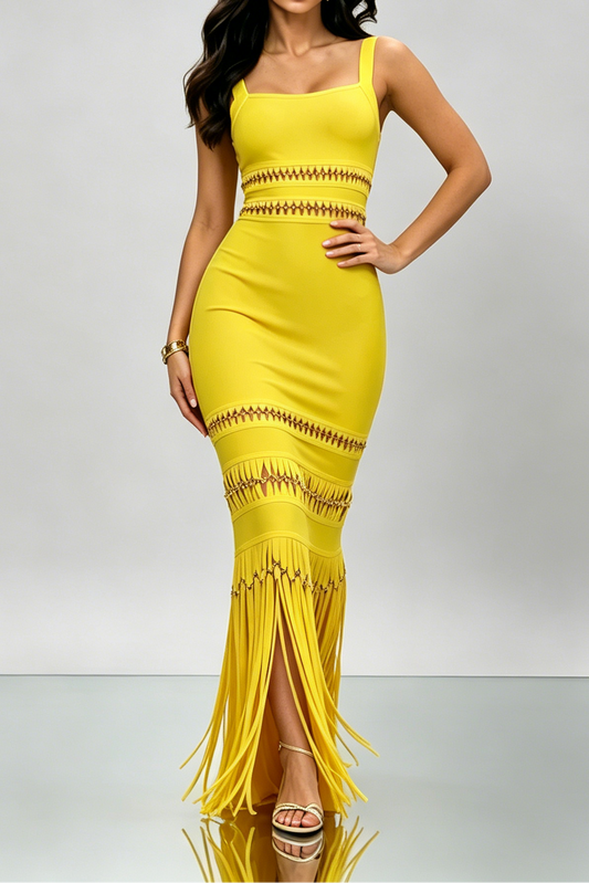 Bright Yellow Square Strap Cutout Fringe Bandage Maxi Mermaid Dress