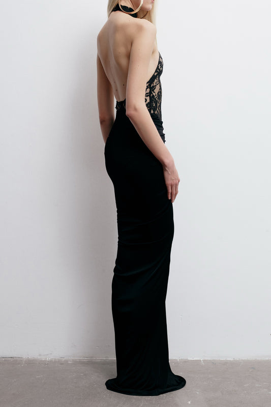 Floral halter maxi dress in black