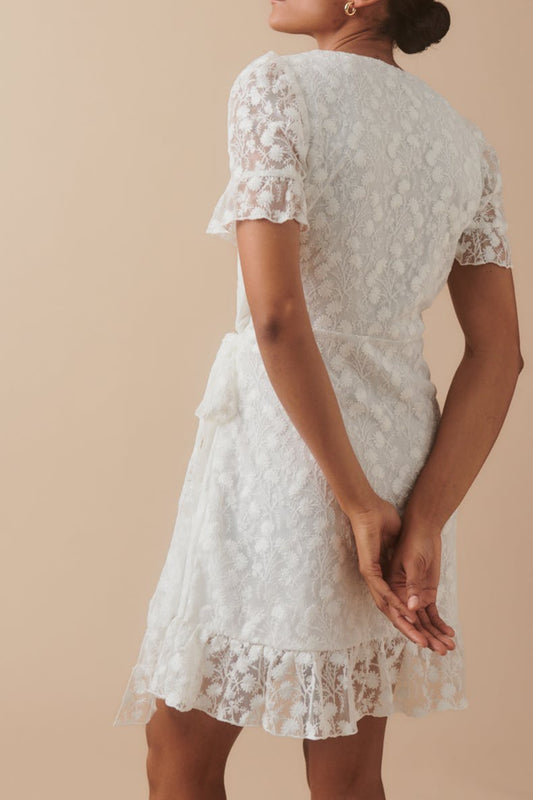 Lace floral wrap mini dress in white