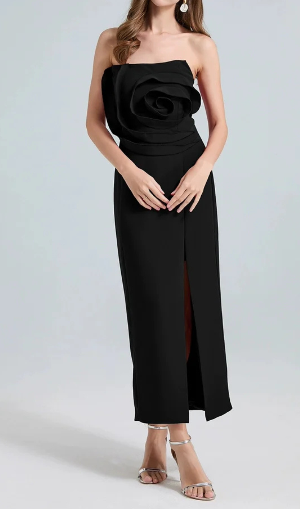 michelle 3d flower strapless midi dress in black