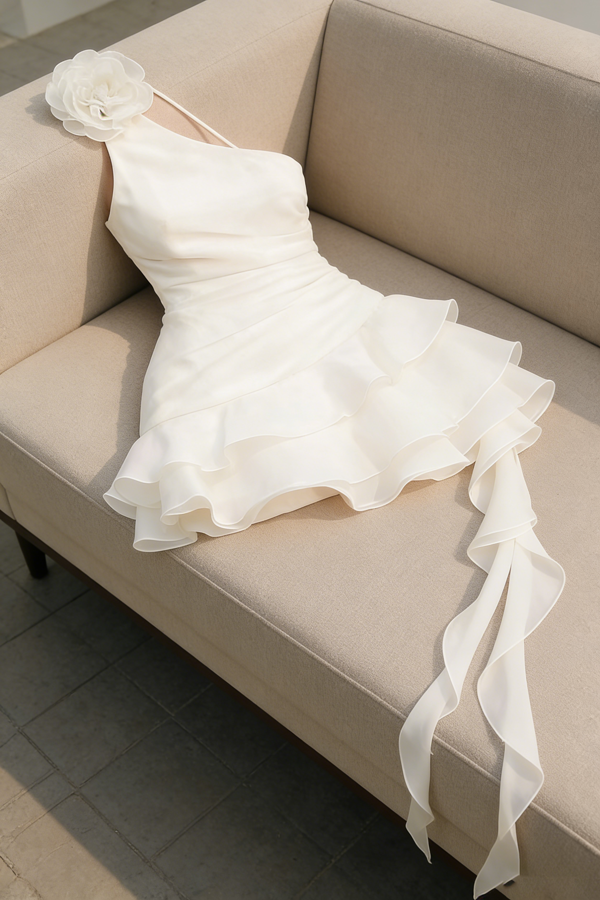 Flower one shoulder ruffle mini dress in white