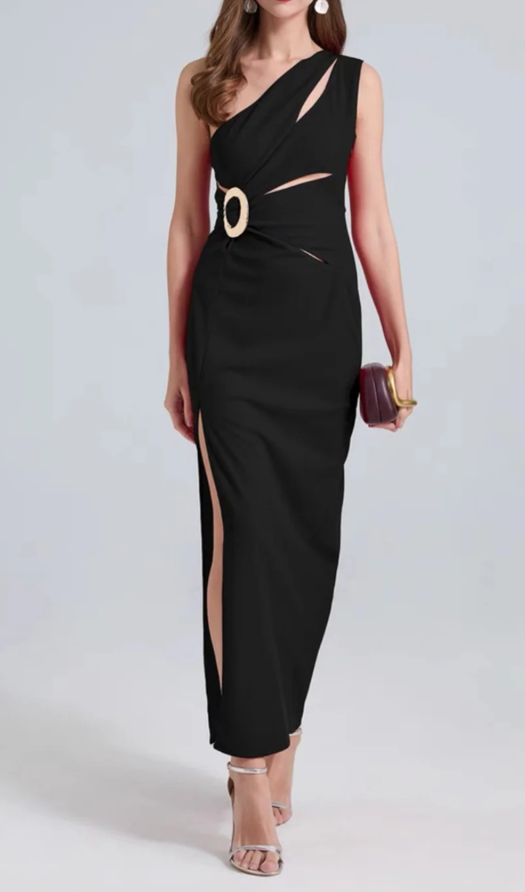 one-shoulder cutout side slit maxi dress in black