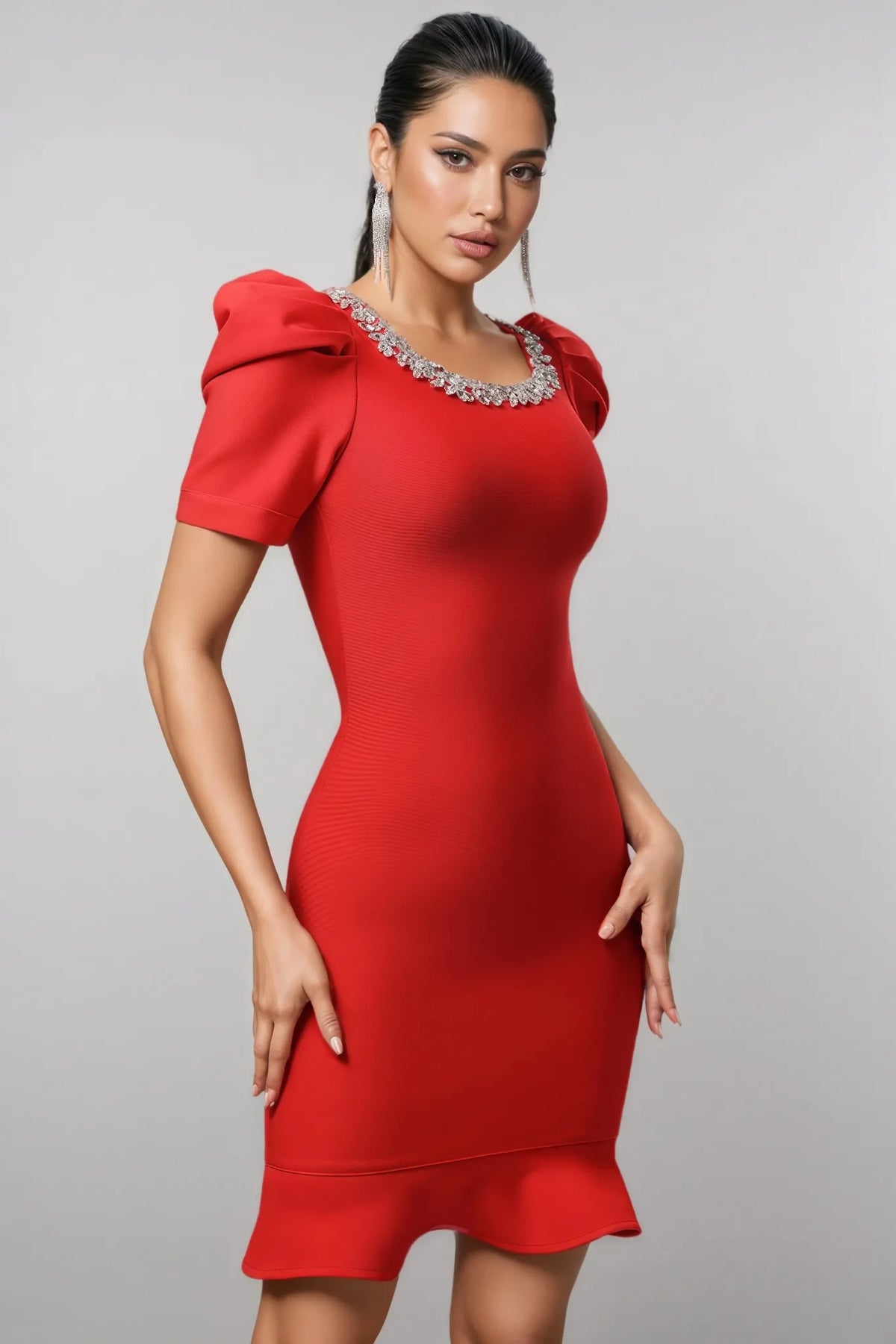 oanna Red Short Sleeve Rhinestone Bandage Mini Dress