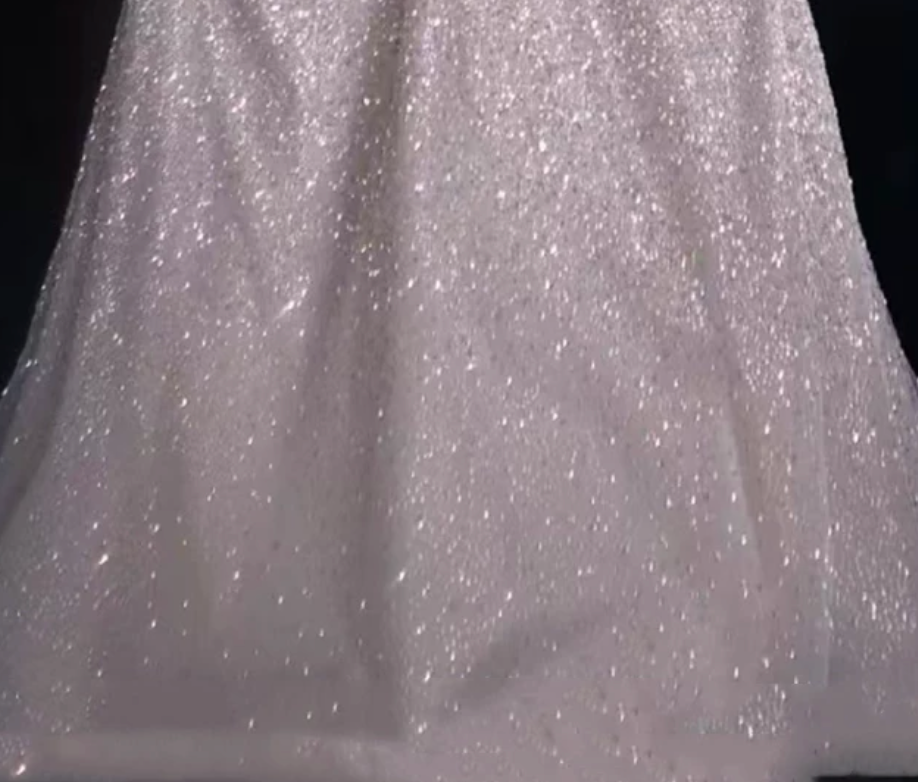 champagne sequined tulle A-line evening gown