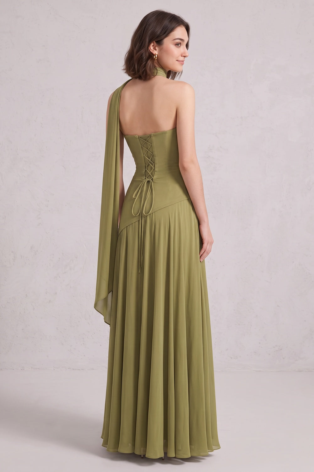 Olive Green Chiffon A-Line Gown with Draped Cowl and Lace-Up Back olive green chiffon gown - product view 5