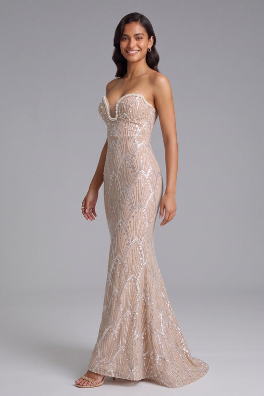 Beaded Mermaid Evening Gown – Strapless Floor-Length Gown Premium Fabric - product view 1