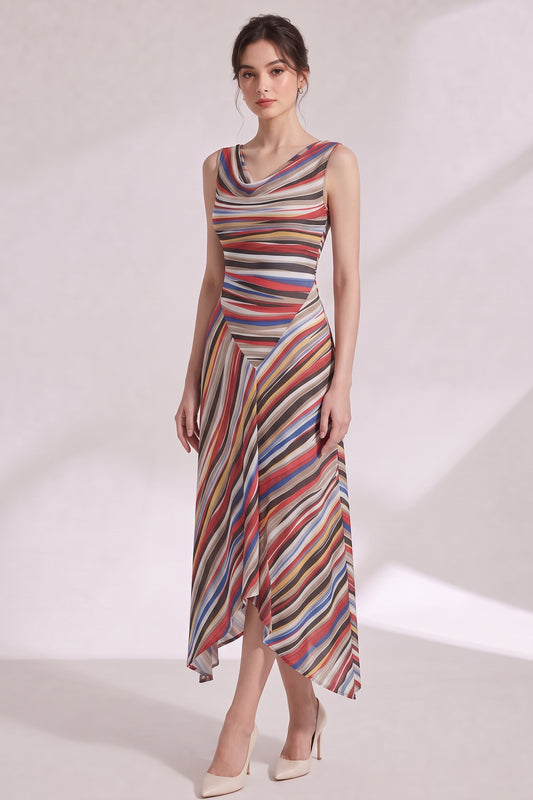 Multicolor Striped Knit Dress with Draped Cowl Neckline multicolor lightweight fine knit dress - product view 2