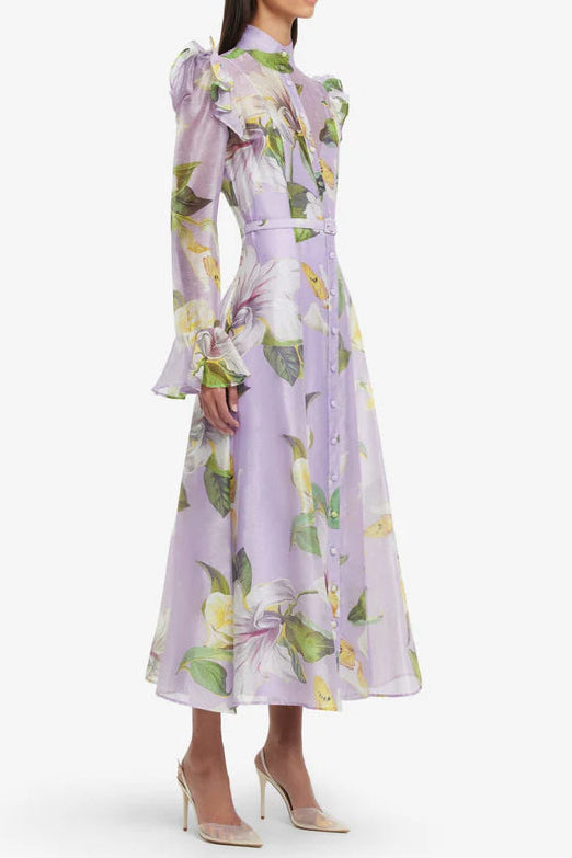 winni Lily Blossom Print Lilac Butterfly Sleeve Midi Dress