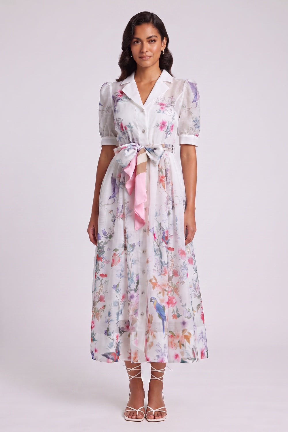 White Botanical and Faunal Print A-Line Midi Dress with Puff Sleeves white semi-sheer lightweight woven organza or ramie dress - product view 2