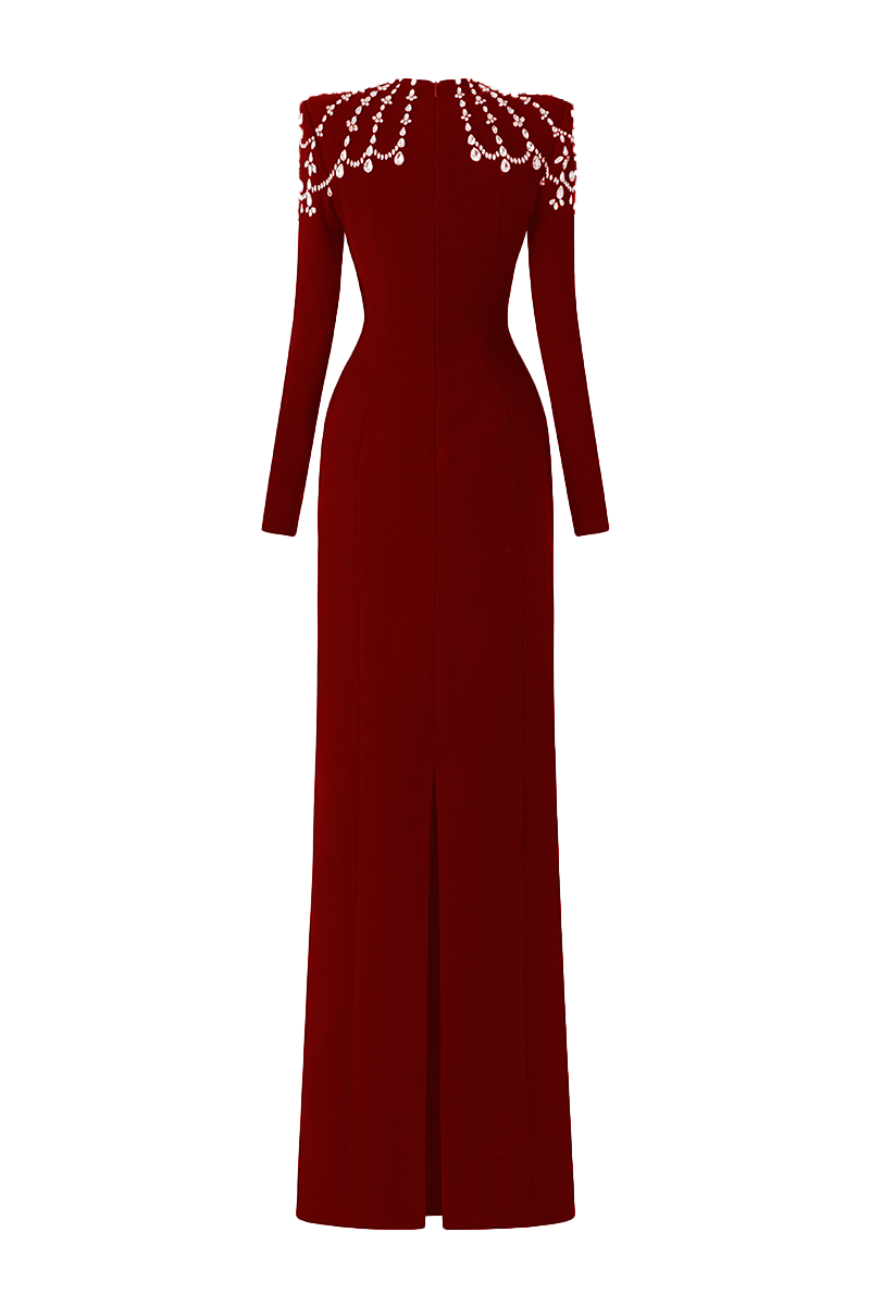 long sleeve trapezoid neckline bodycon maxi dress in red